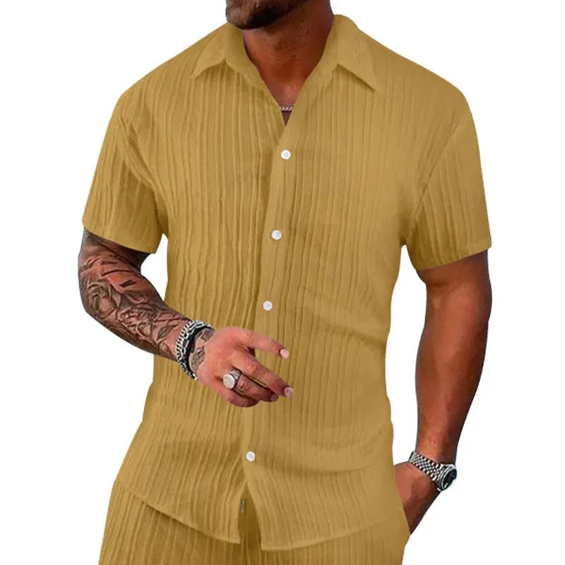 2024 Summer Beach Casual Shirts Men Short Sleeve Fashion Striped Texture Loose Shirt Daily Leisure Mens Clothes Vintage Cardigan