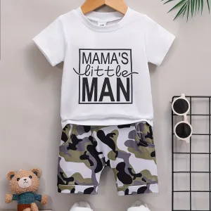 2pcs Baby Girls Boys "MAMA'S Little MAN" Print Summer Outdoor Set, T-shirt & Camo Shorts, Baby Unisex Clothing, As Gift