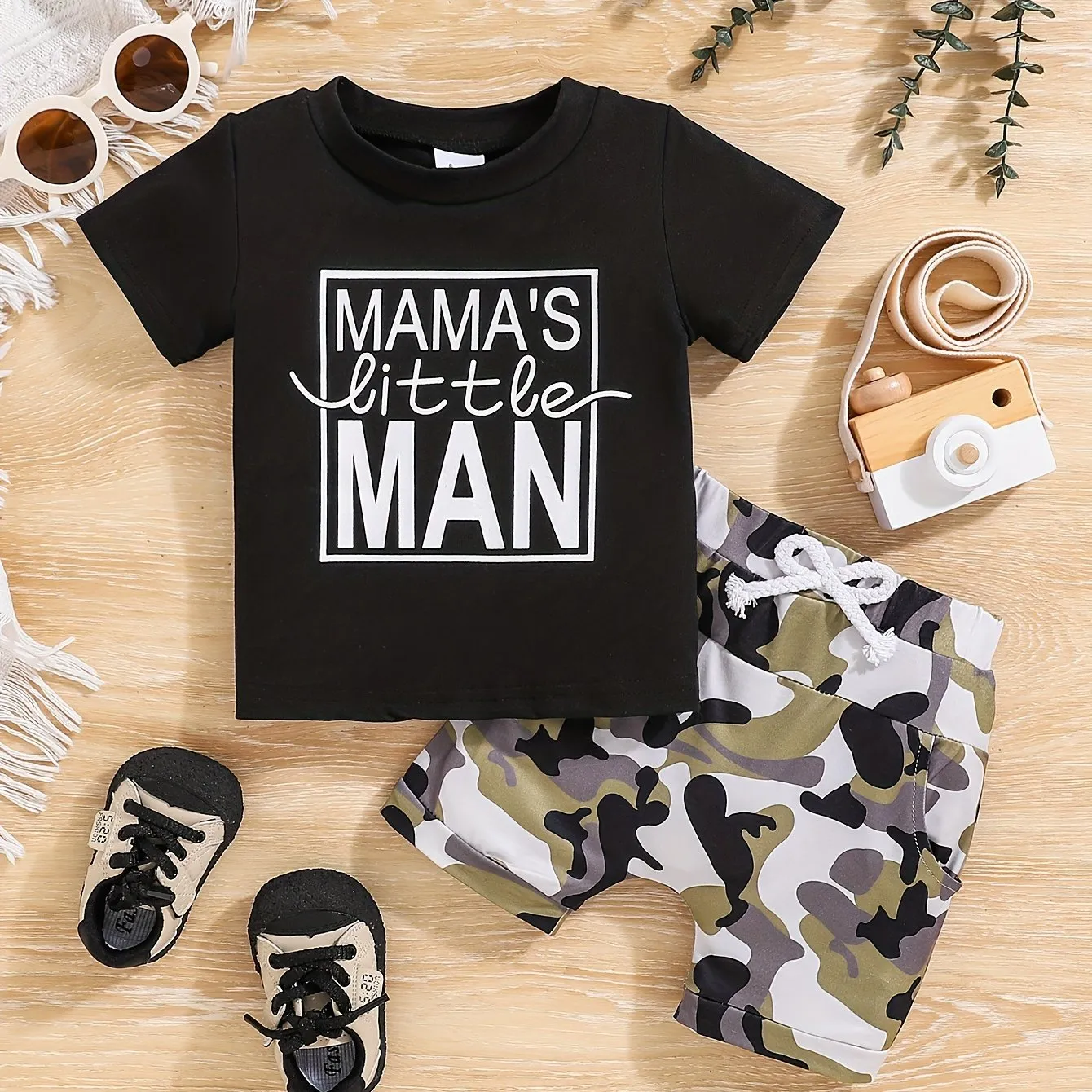2pcs Baby Girls Boys "MAMA'S Little MAN" Print Summer Outdoor Set, T-shirt & Camo Shorts, Baby Unisex Clothing, As Gift
