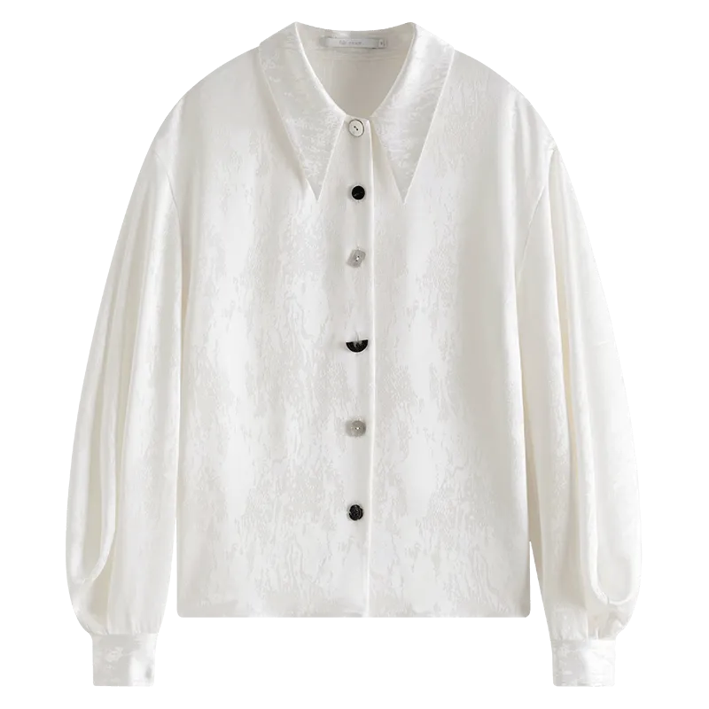 73% Acetate Women Temperament Black Long Sleeve Shirts French Style Dark Pattern Commuter Drop Sleeve Loose Blouses