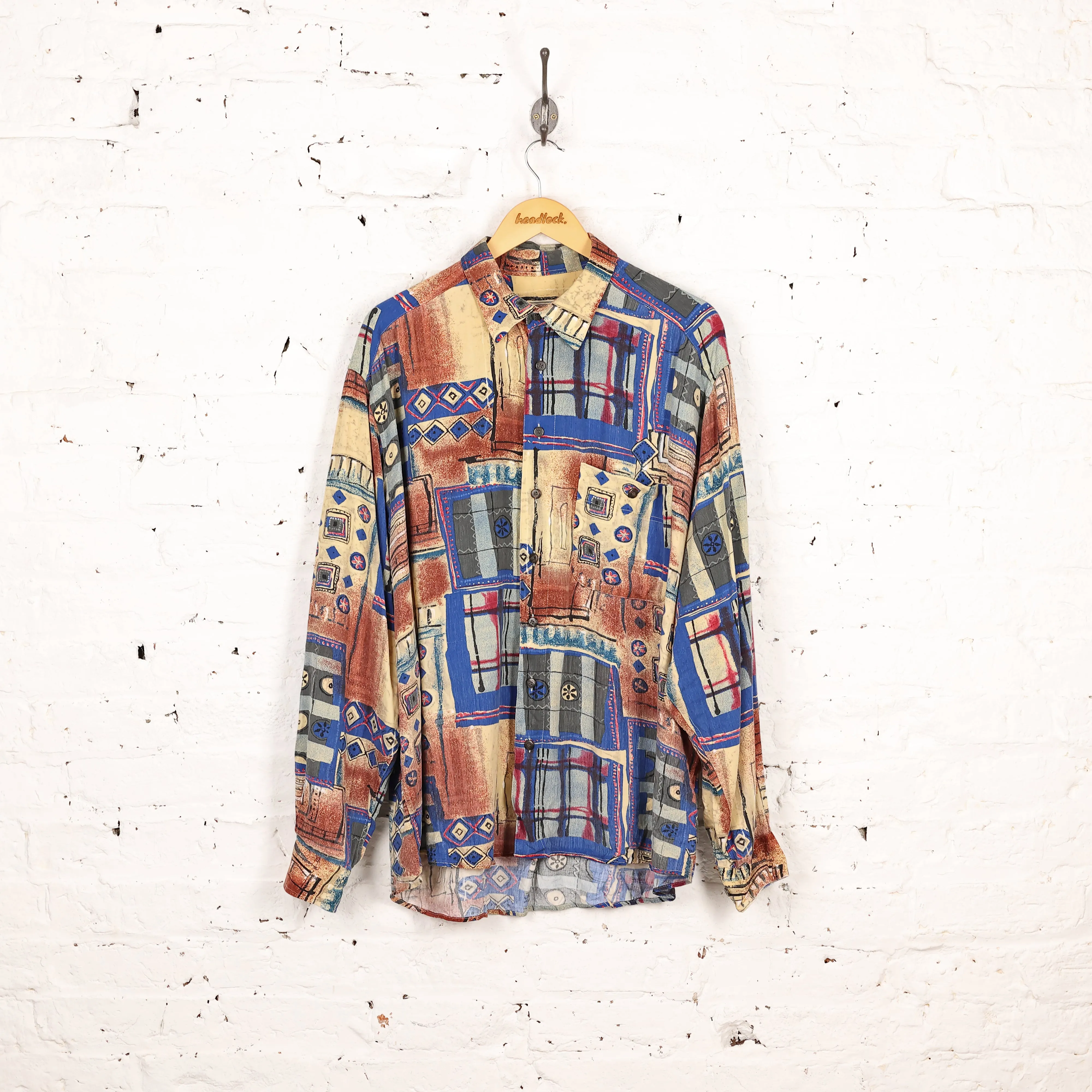 90s Long Sleeve Pattern Shirt - Blue/Yellow - XL