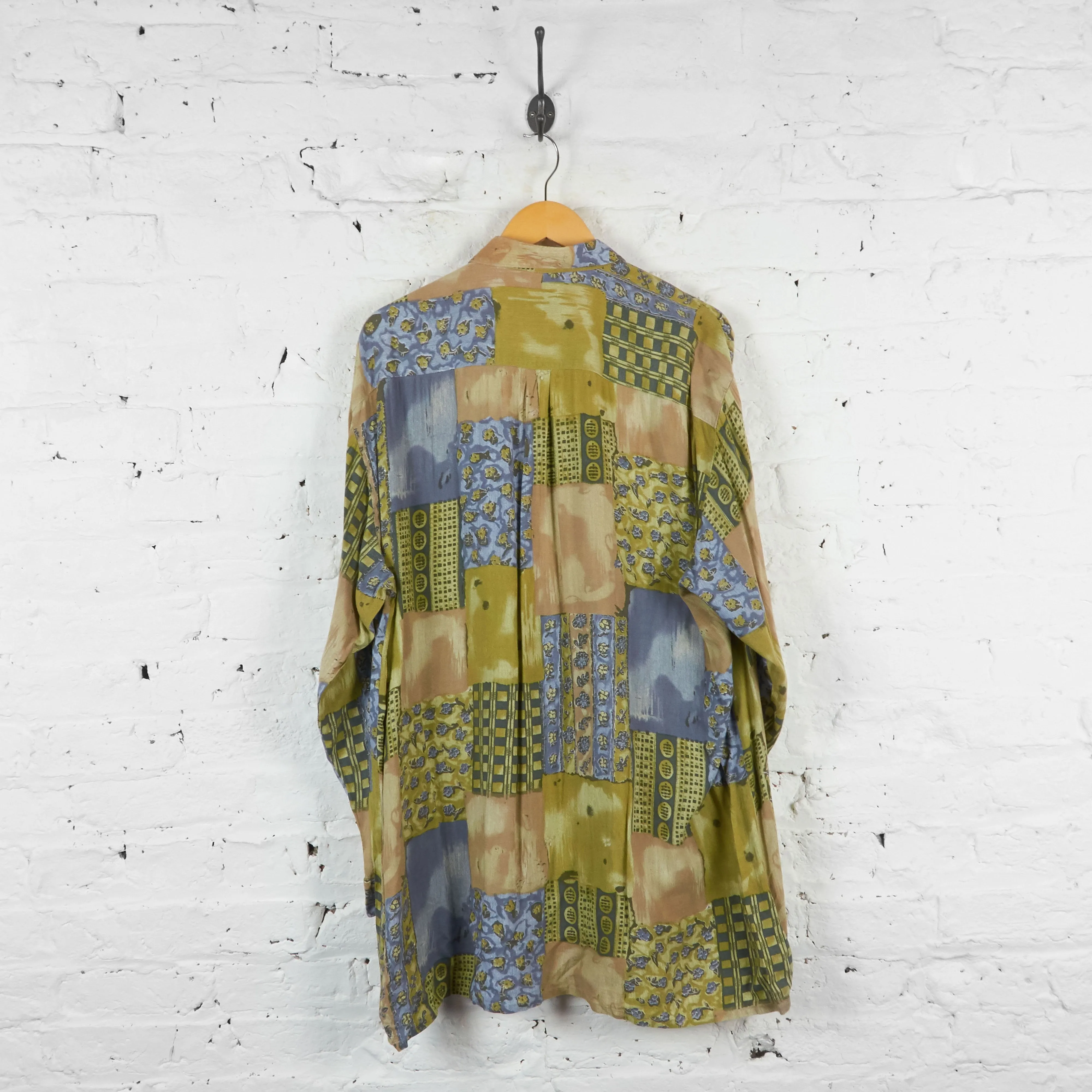 90s Patterned Long Sleeve Shirt - Green - XL