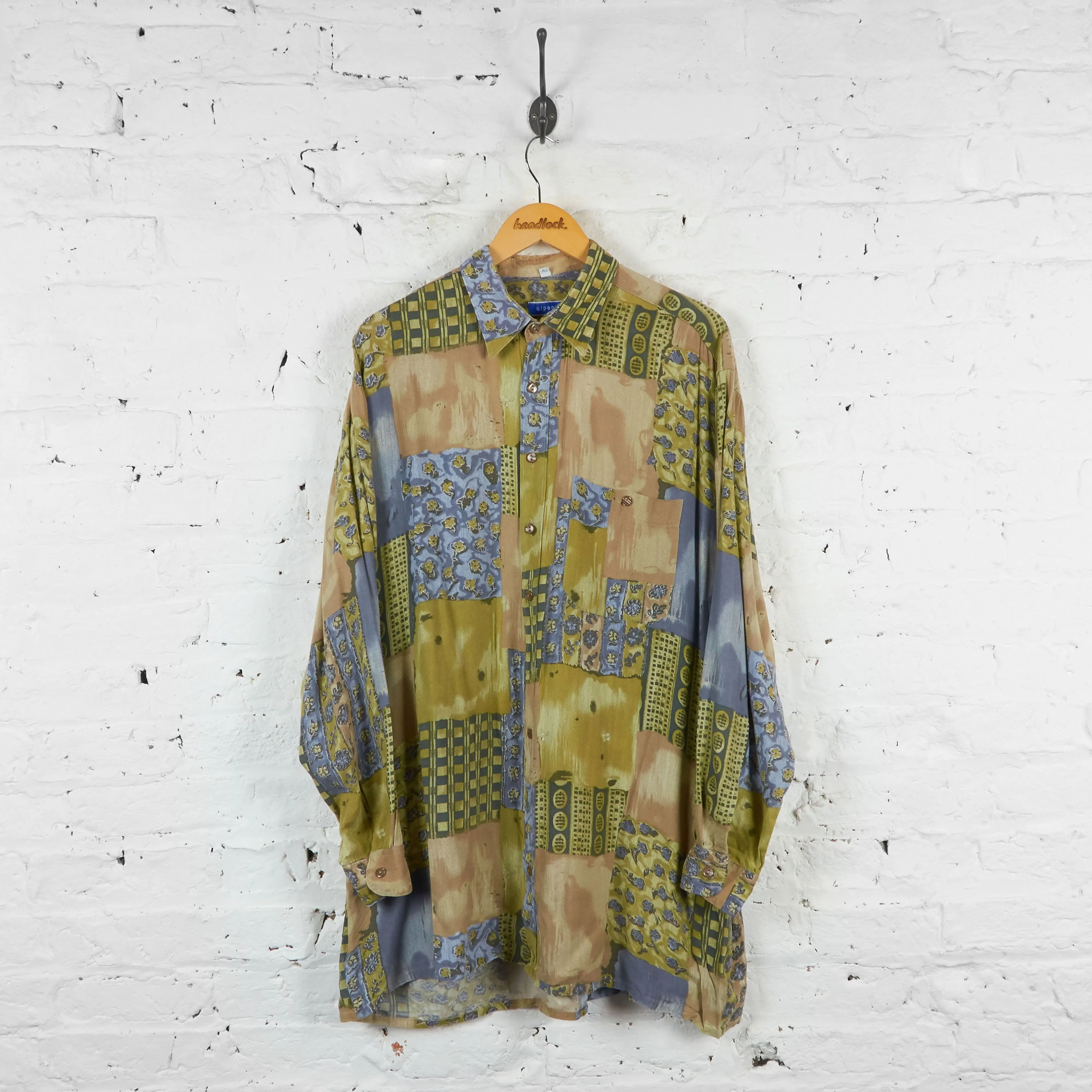 90s Patterned Long Sleeve Shirt - Green - XL