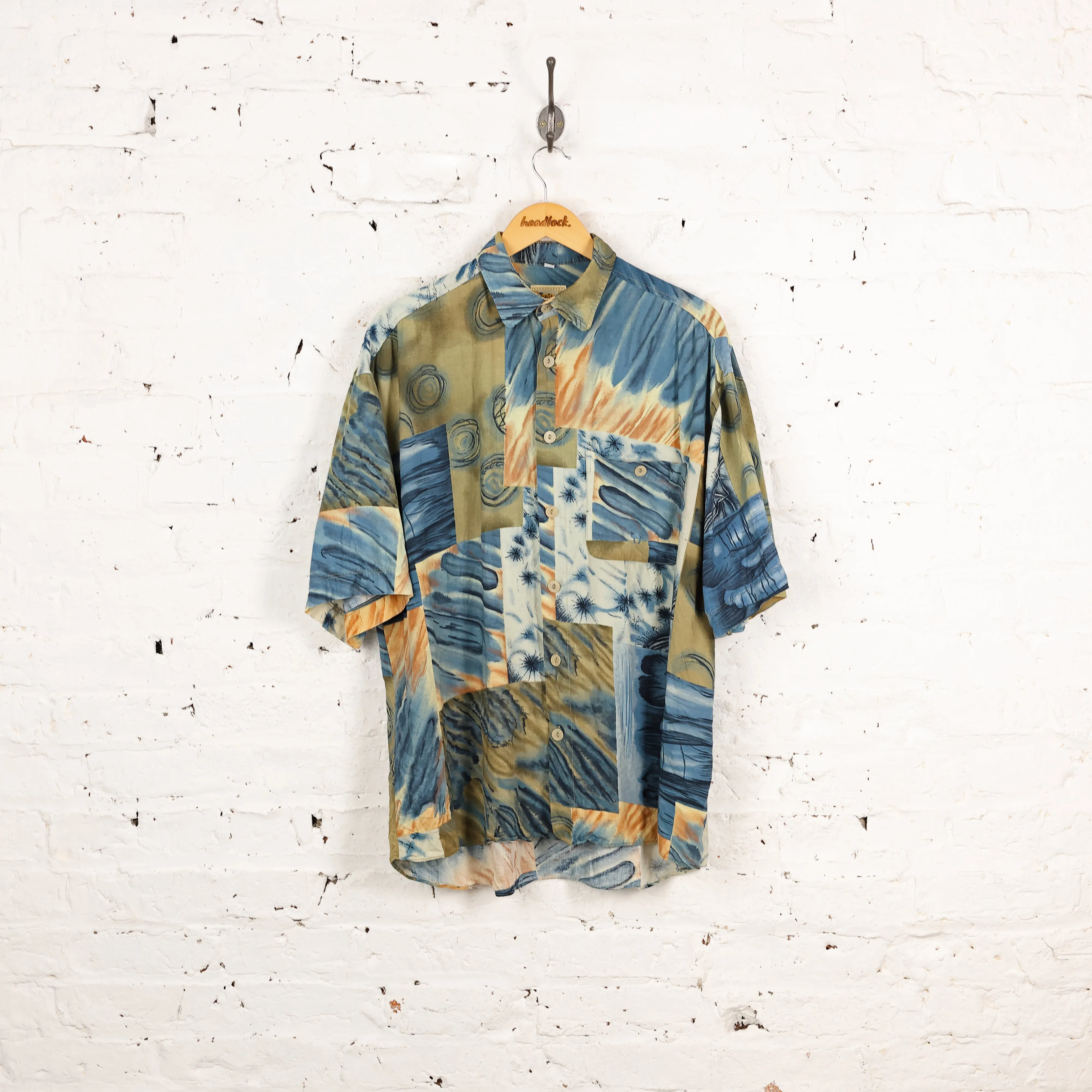 90s Short Sleeve Pattern Shirt - Blue - L