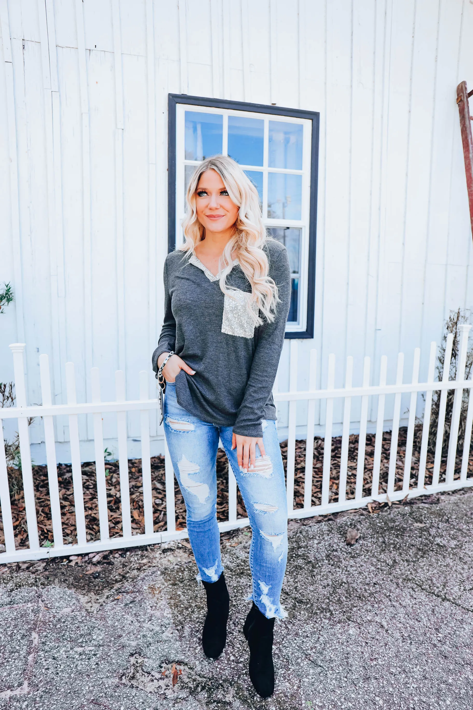 A Lil' Bit Of Glitz Top - Charcoal