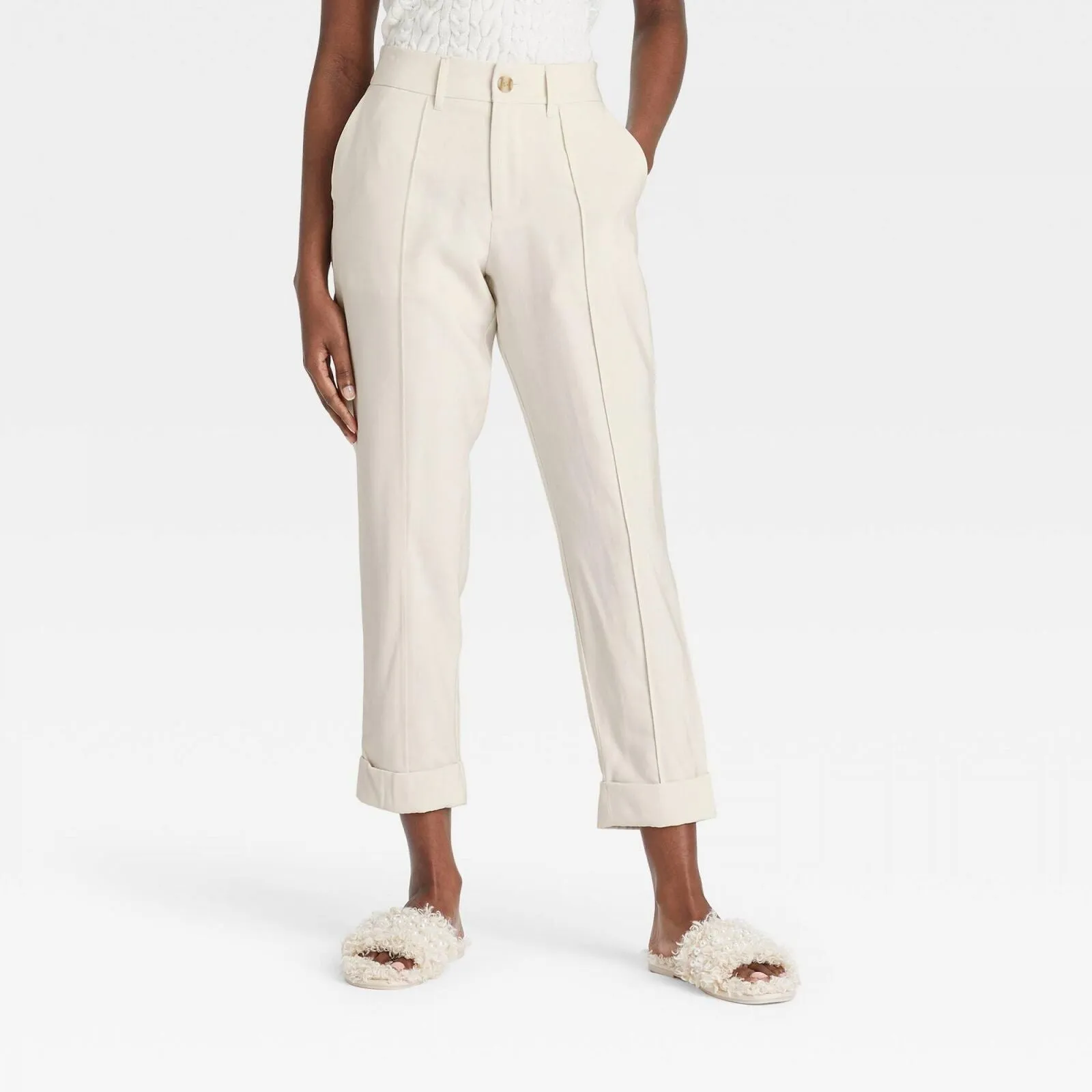 A New Day Women's High-Rise Slim Straight Leg Pintuck Ankle Pants Cream Ivory 6