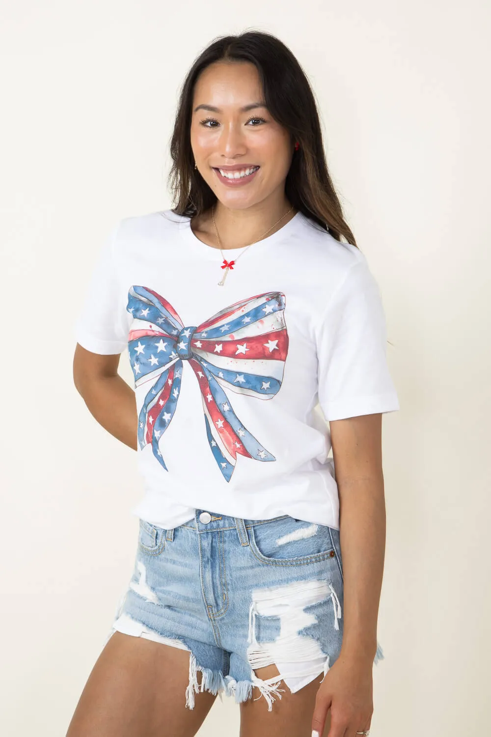 Americana Bow Graphic T-Shirt for Women in White | 11931X-TS-WHITE