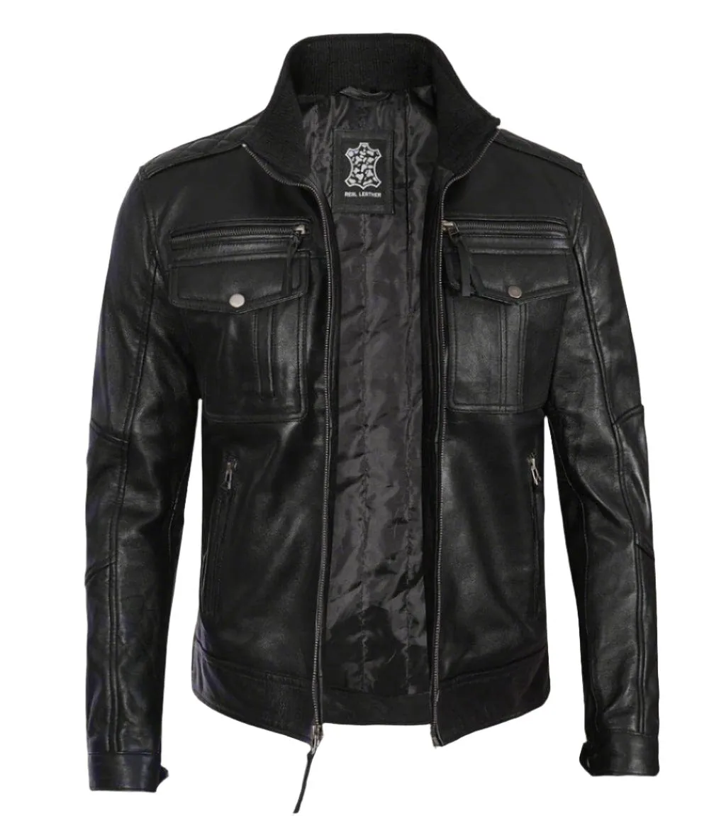 Angel Jackets Men's Black Genuine Leather Motorcycle Jacket | Zip Closure and Multiple Pockets
