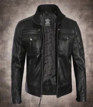 Angel Jackets Men's Black Genuine Leather Motorcycle Jacket | Zip Closure and Multiple Pockets