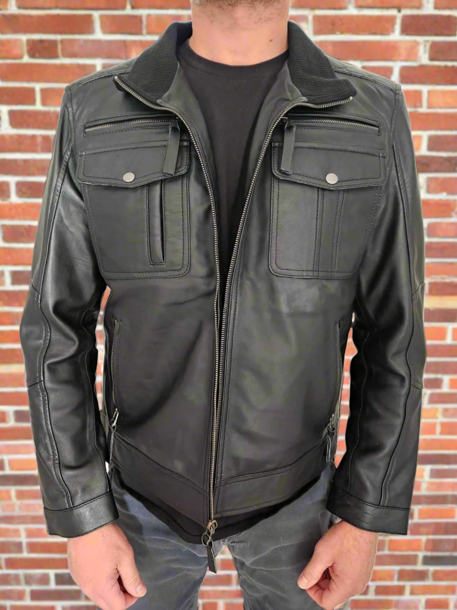 Angel Jackets Men's Black Genuine Leather Motorcycle Jacket | Zip Closure and Multiple Pockets