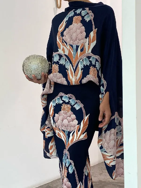 Batwing Sleeves Loose Flower Print Mock Neck Blouses&Shirts Tops