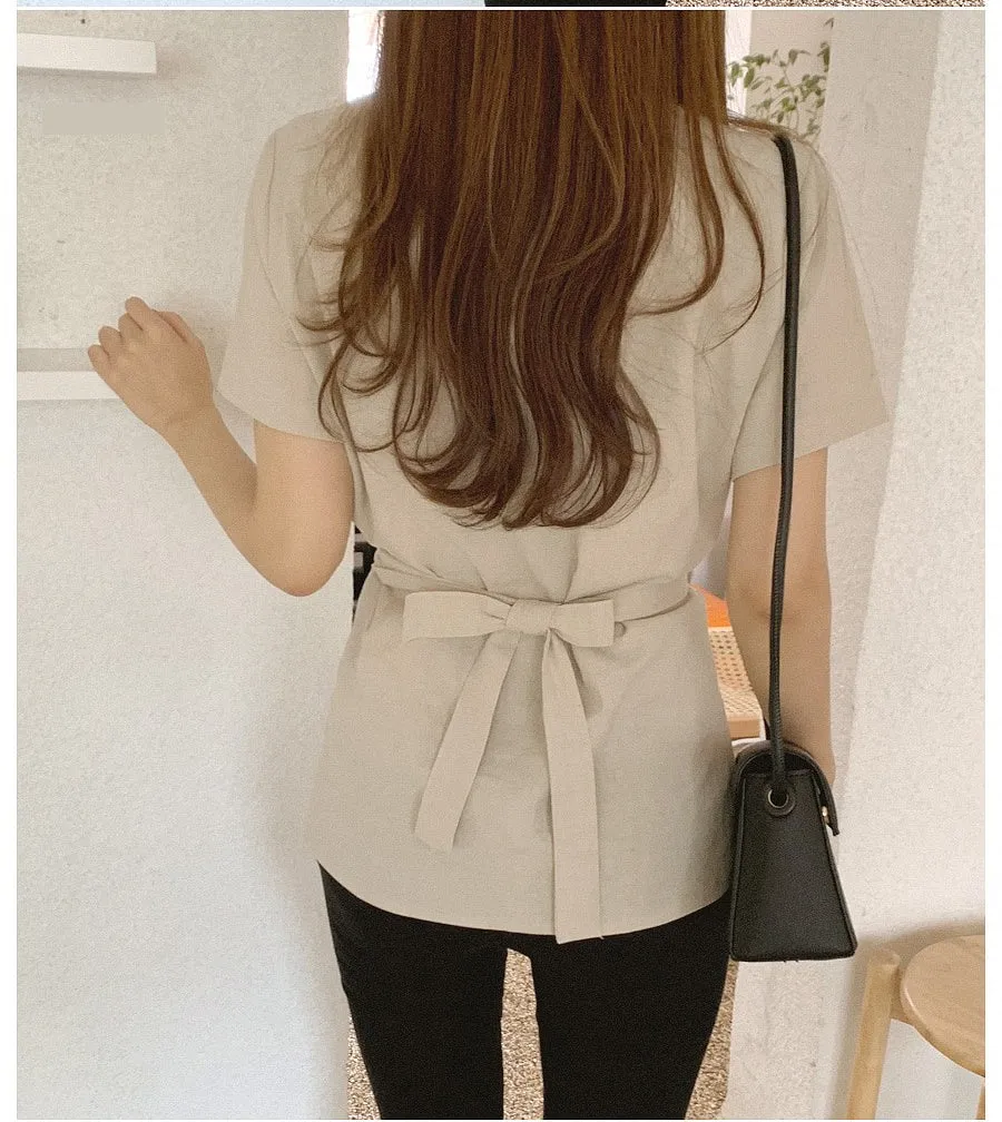 Belted Bow Short Sleeve Casual Shirts