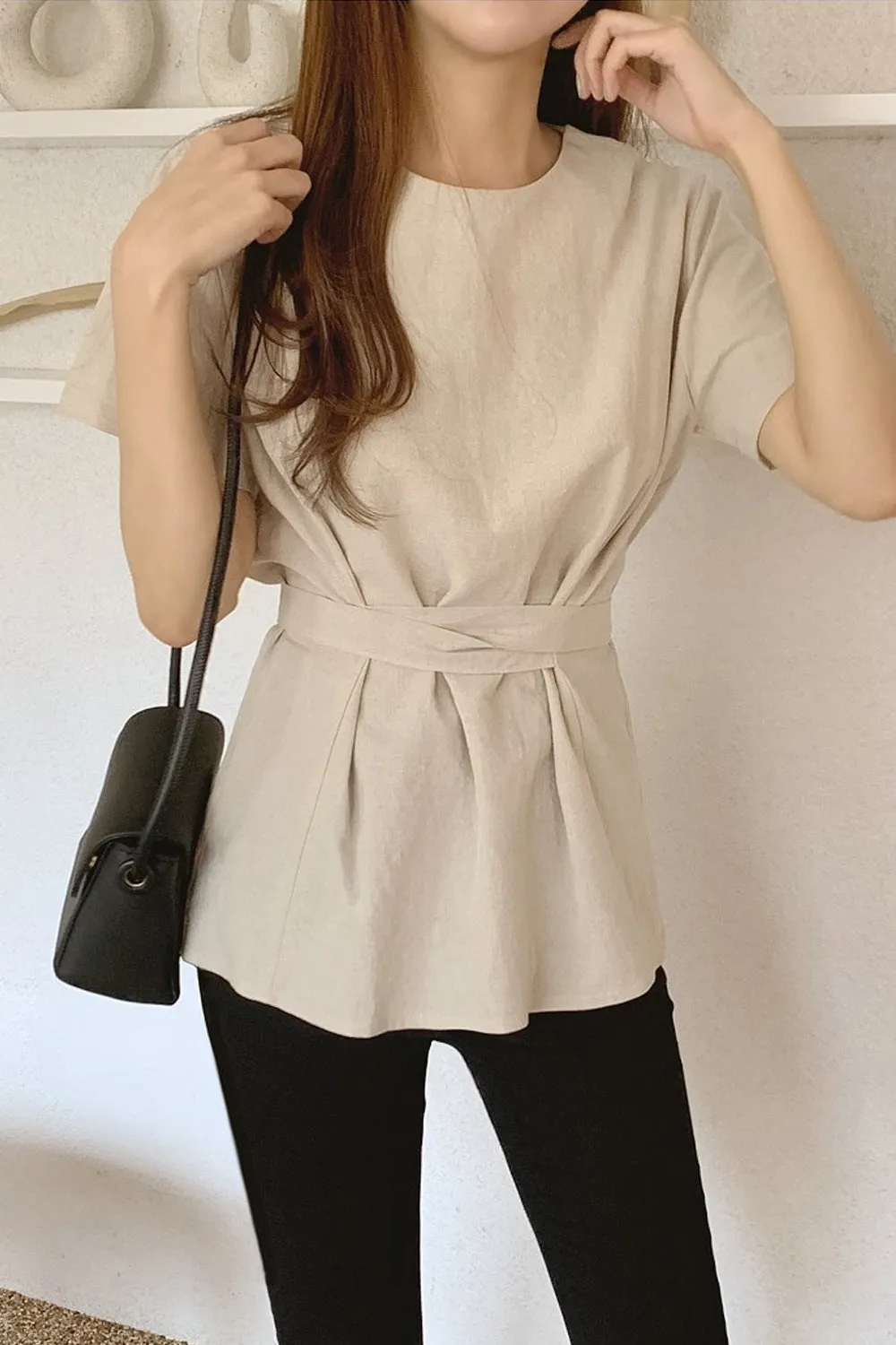 Belted Bow Short Sleeve Casual Shirts
