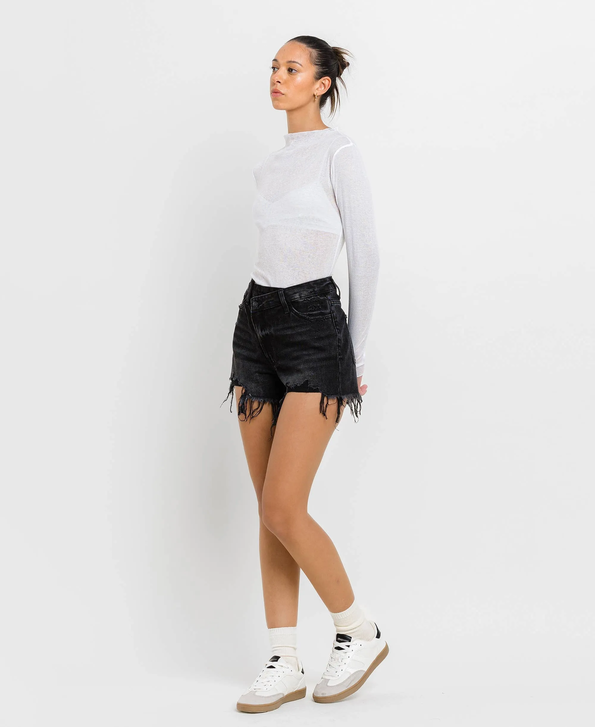Black High Rise Raw Hem Shorts