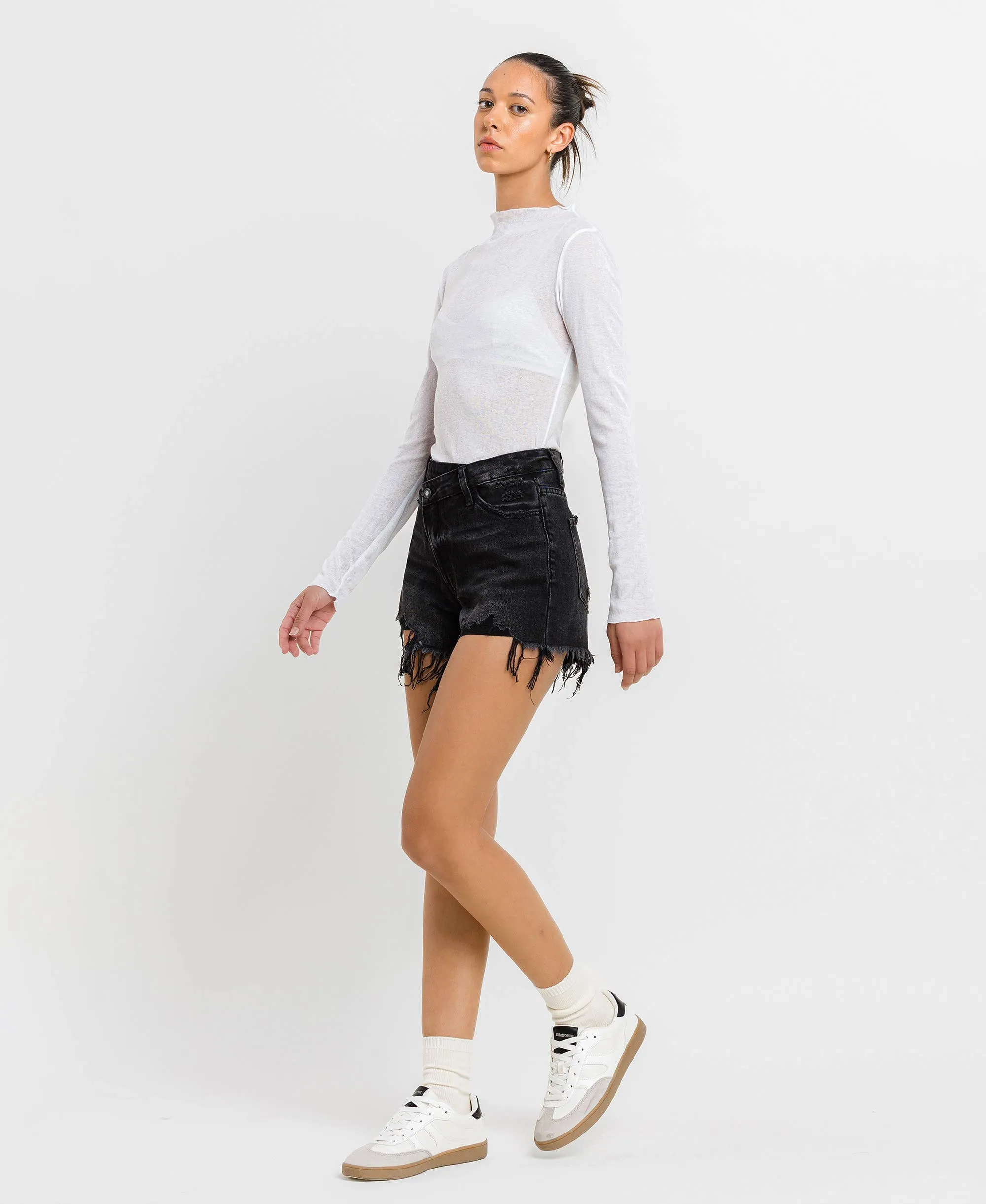 Black High Rise Raw Hem Shorts