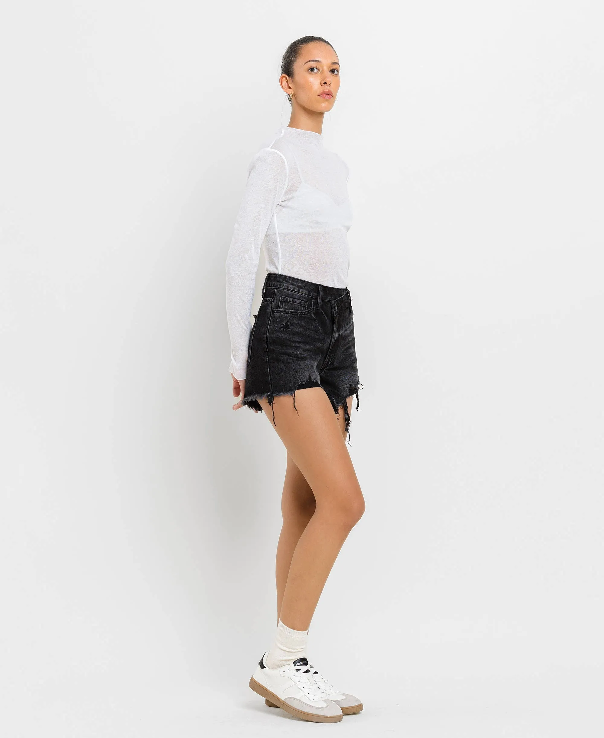 Black High Rise Raw Hem Shorts