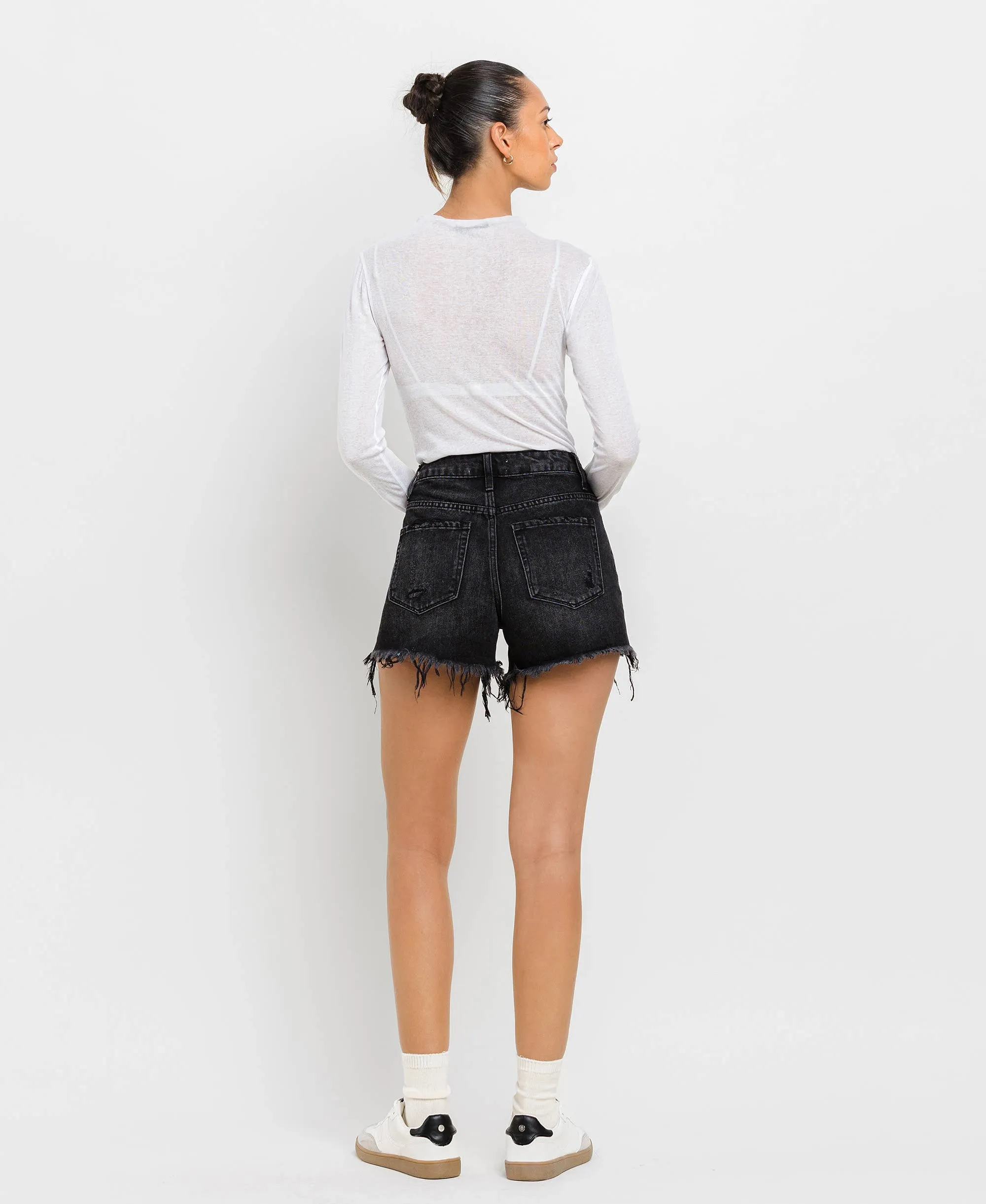 Black High Rise Raw Hem Shorts