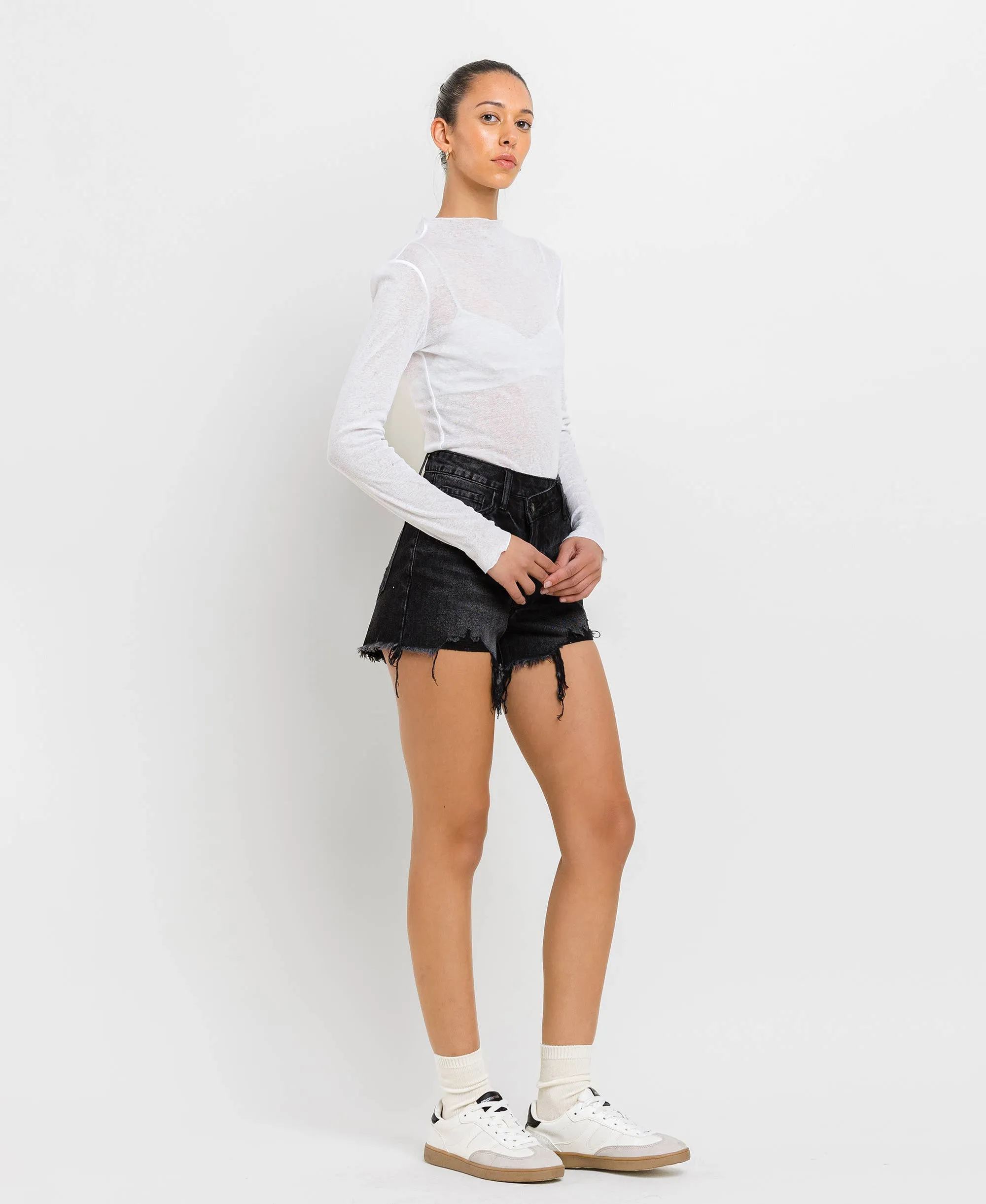 Black High Rise Raw Hem Shorts