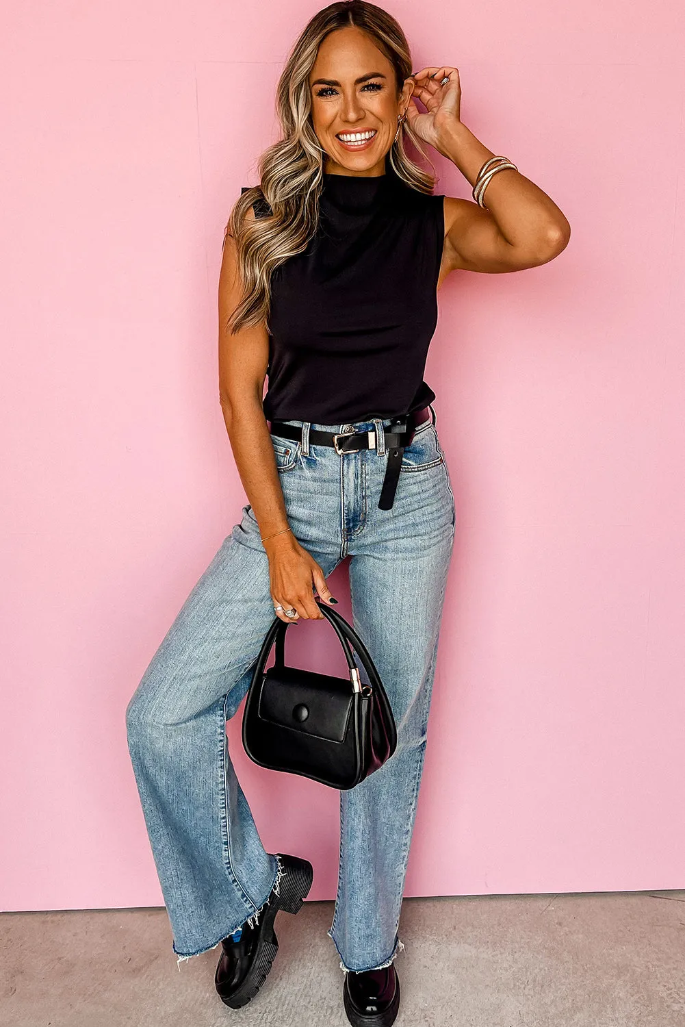 Black Solid Mock Neck Tank Top