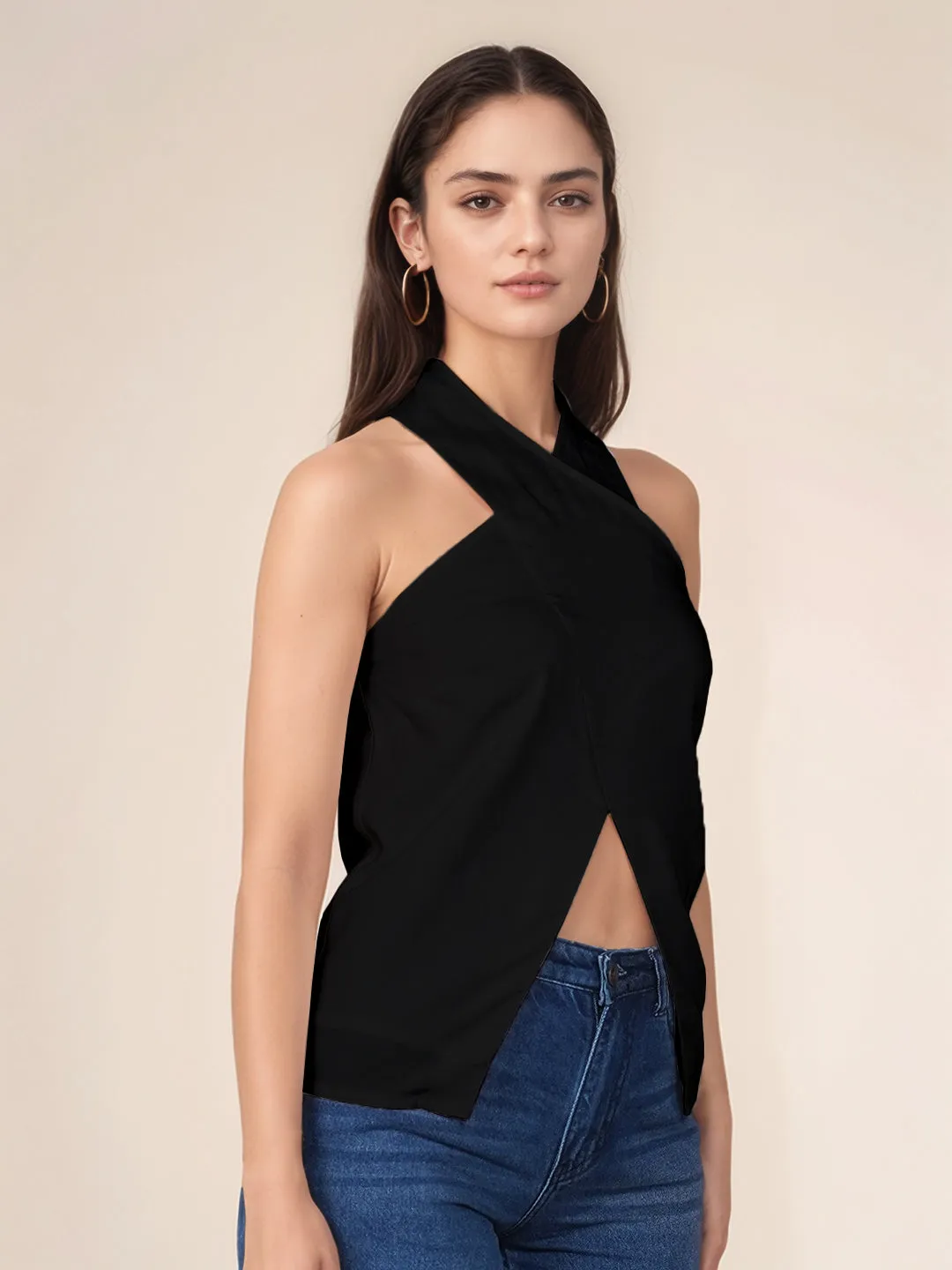 Black Solid Slim Fit Top