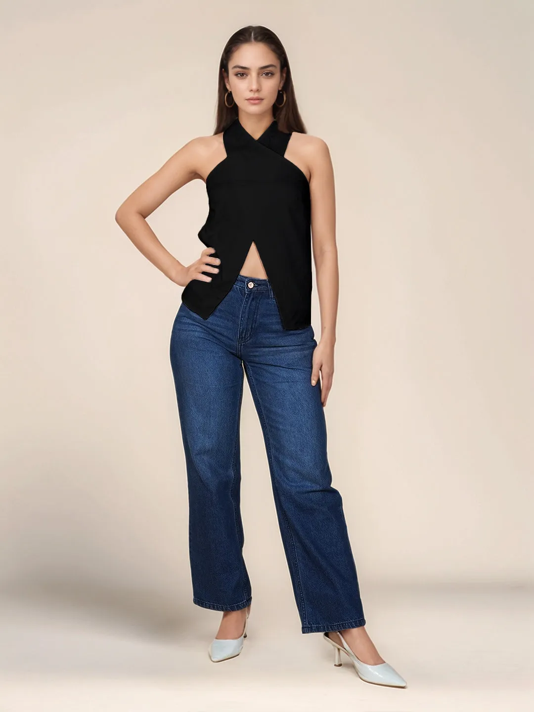 Black Solid Slim Fit Top