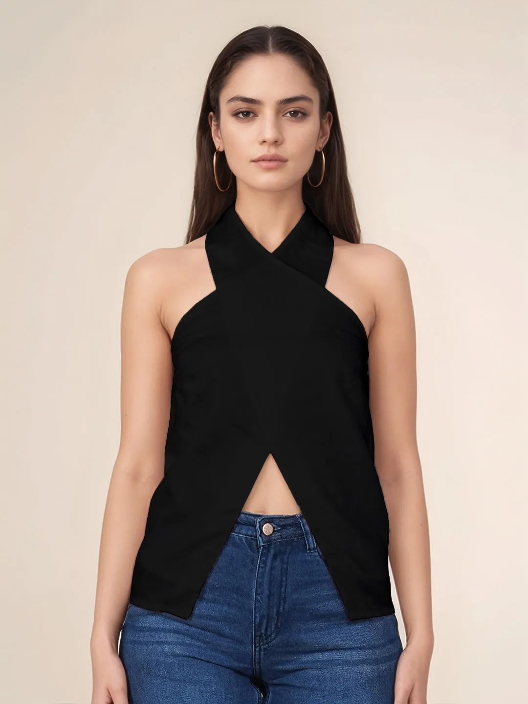 Black Solid Slim Fit Top