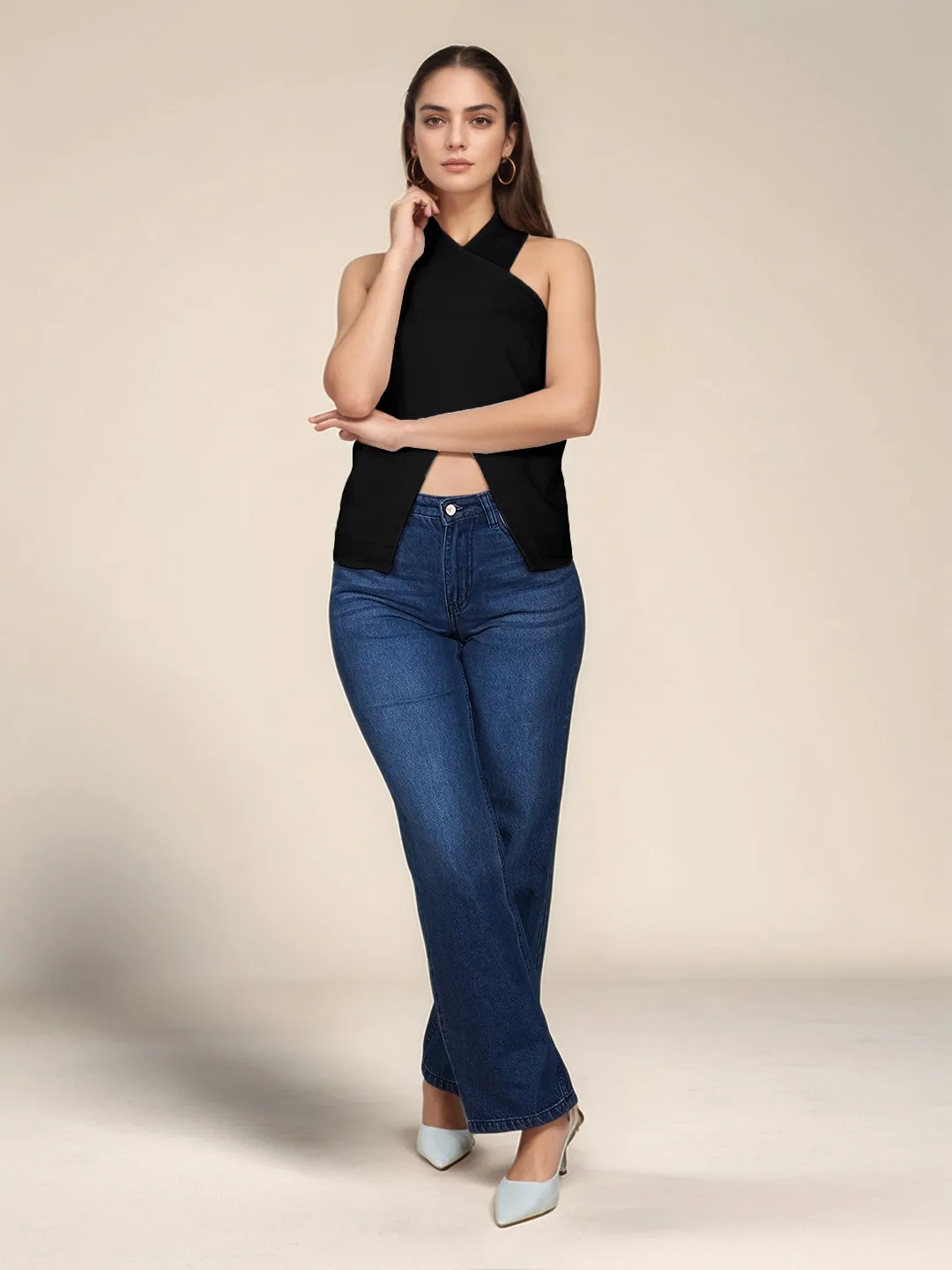 Black Solid Slim Fit Top