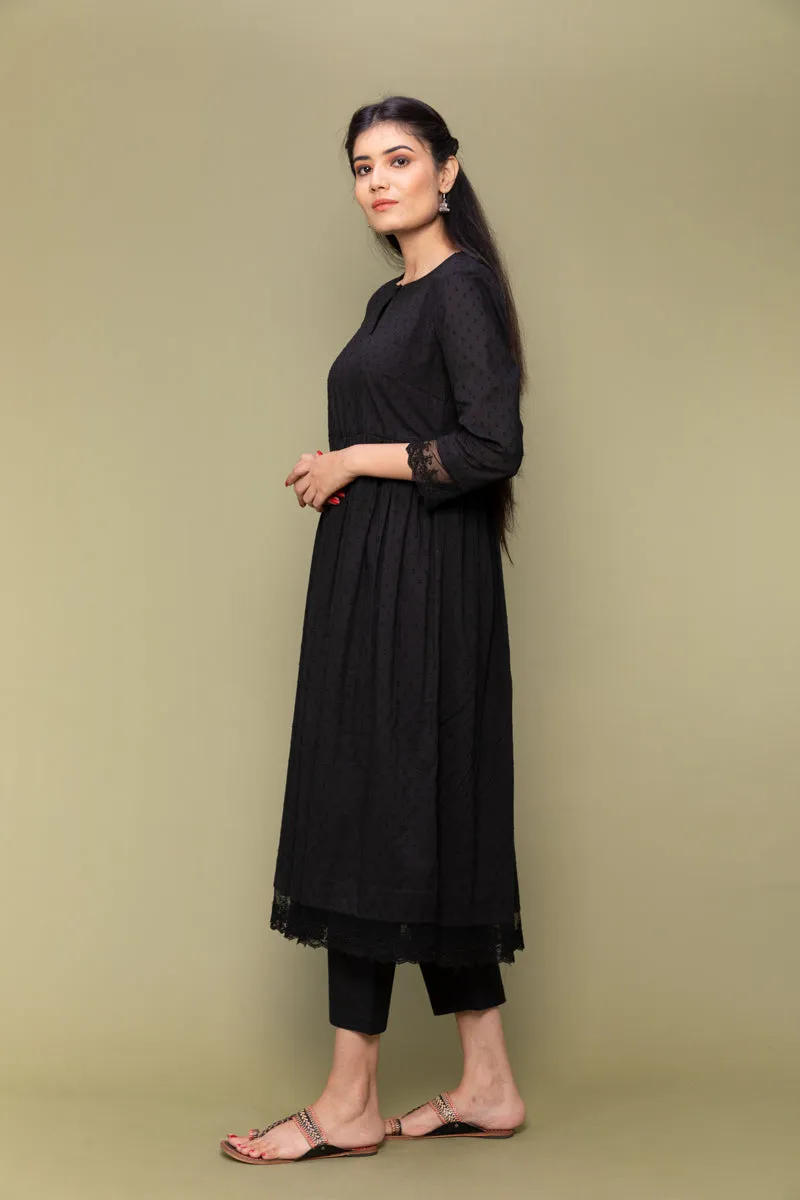 Black Textured Cotton Kurta & Pants with Chanderi Dupatta in Lime (Set of 3)