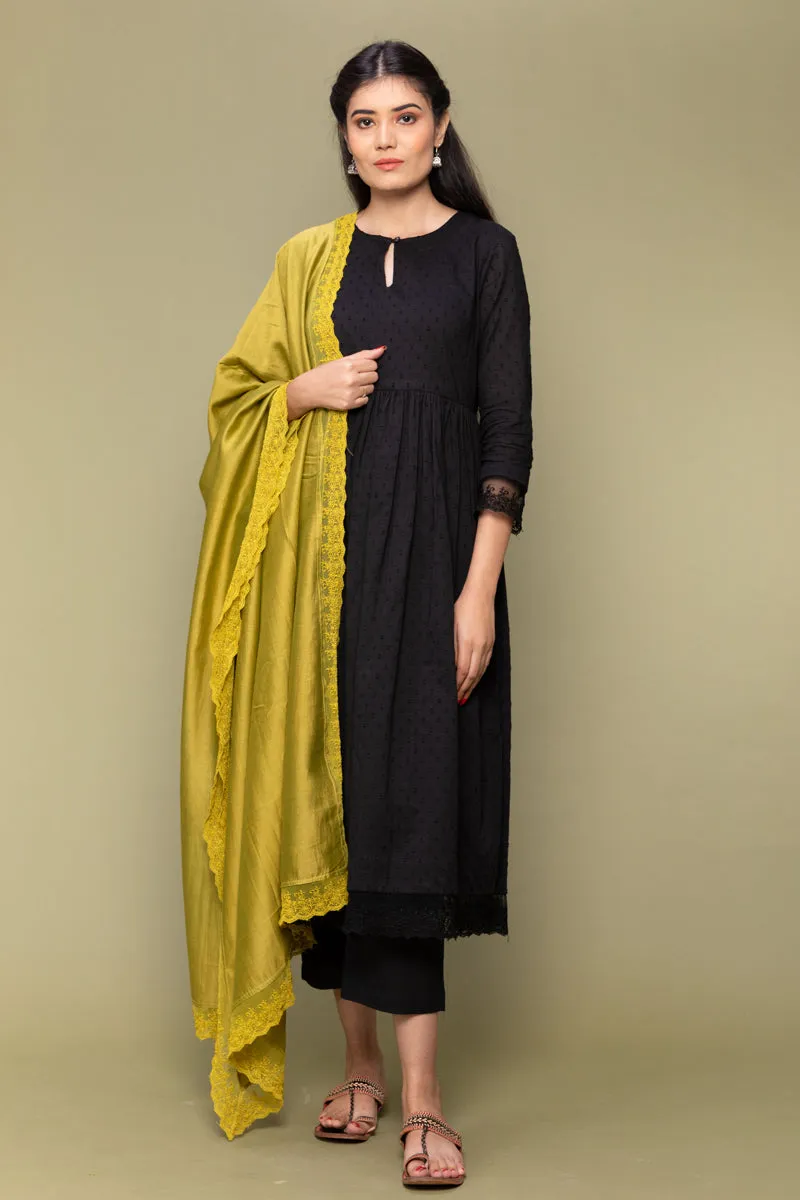 Black Textured Cotton Kurta & Pants with Chanderi Dupatta in Lime (Set of 3)
