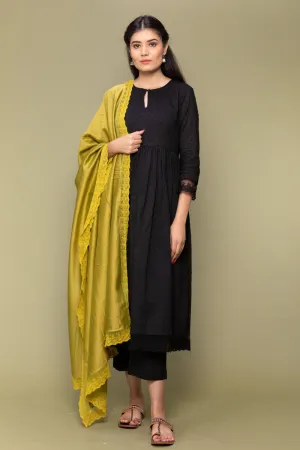 Black Textured Cotton Kurta & Pants with Chanderi Dupatta in Lime (Set of 3)