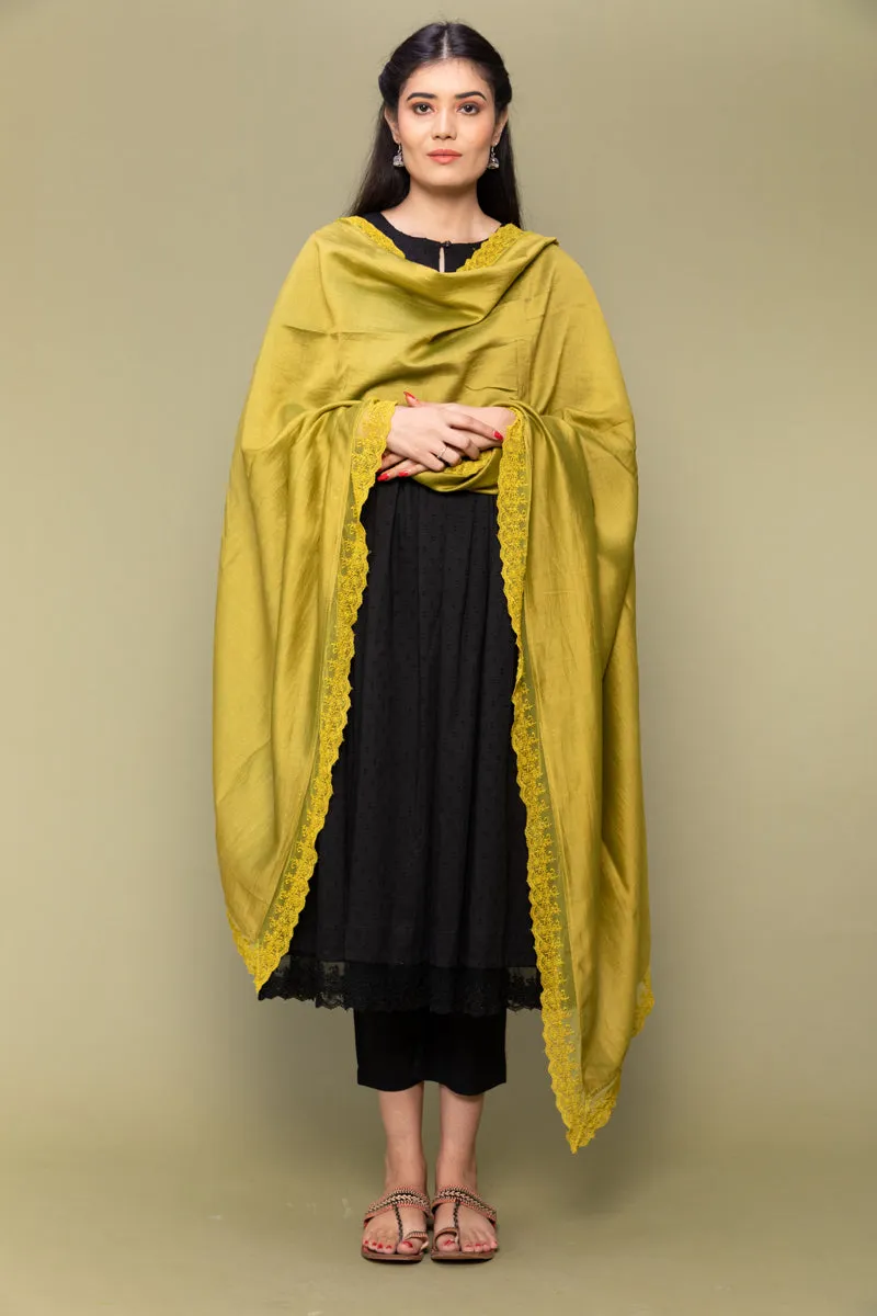 Black Textured Cotton Kurta & Pants with Chanderi Dupatta in Lime (Set of 3)