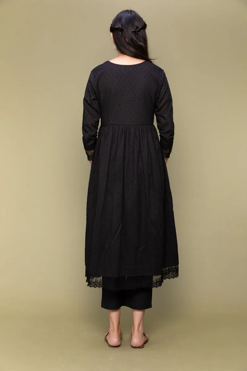 Black Textured Cotton Kurta & Pants with Chanderi Dupatta in Lime (Set of 3)