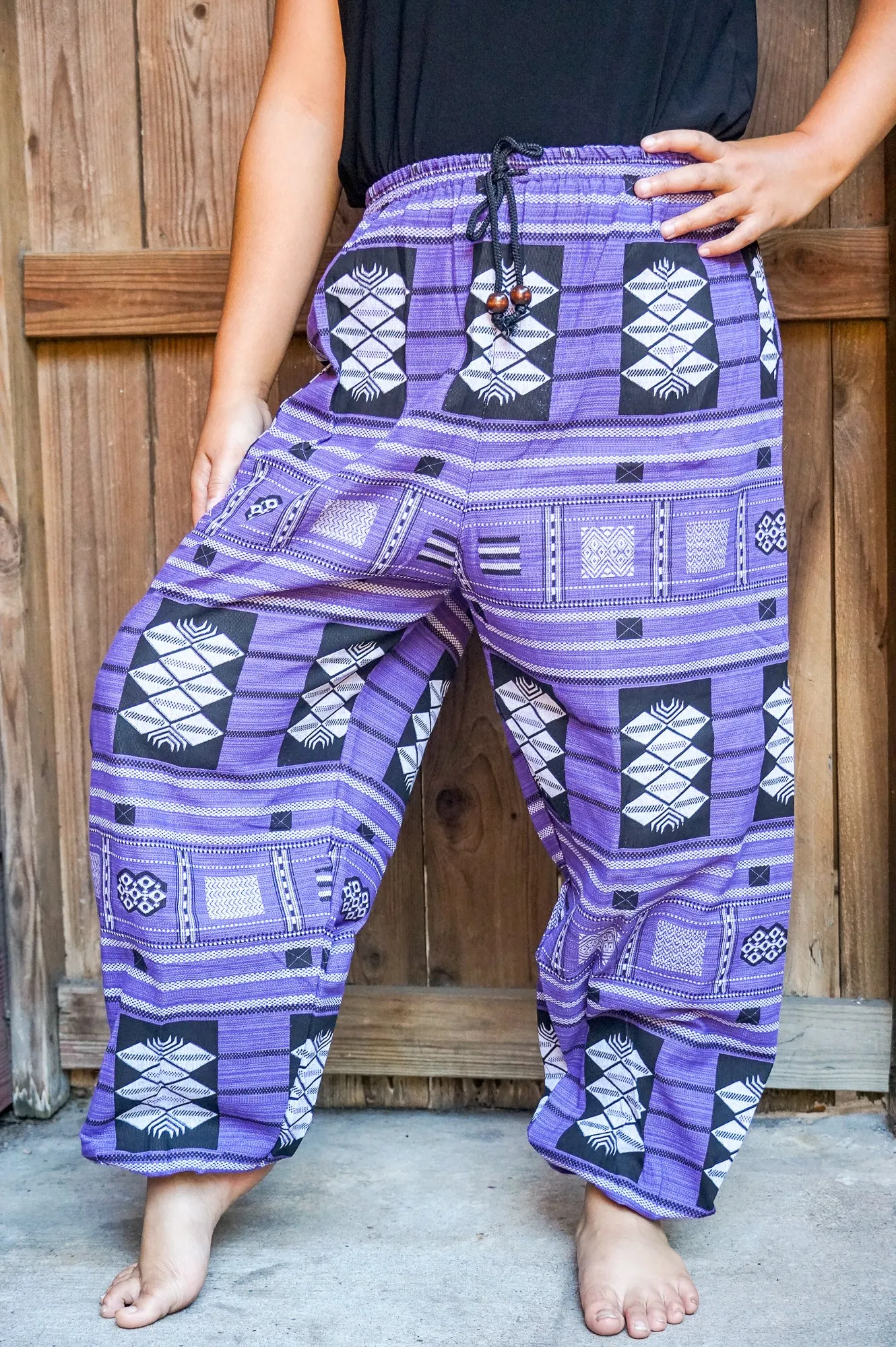 Bohemian Tribal Drawstring Slubbed Harem Pants- Purple Multi