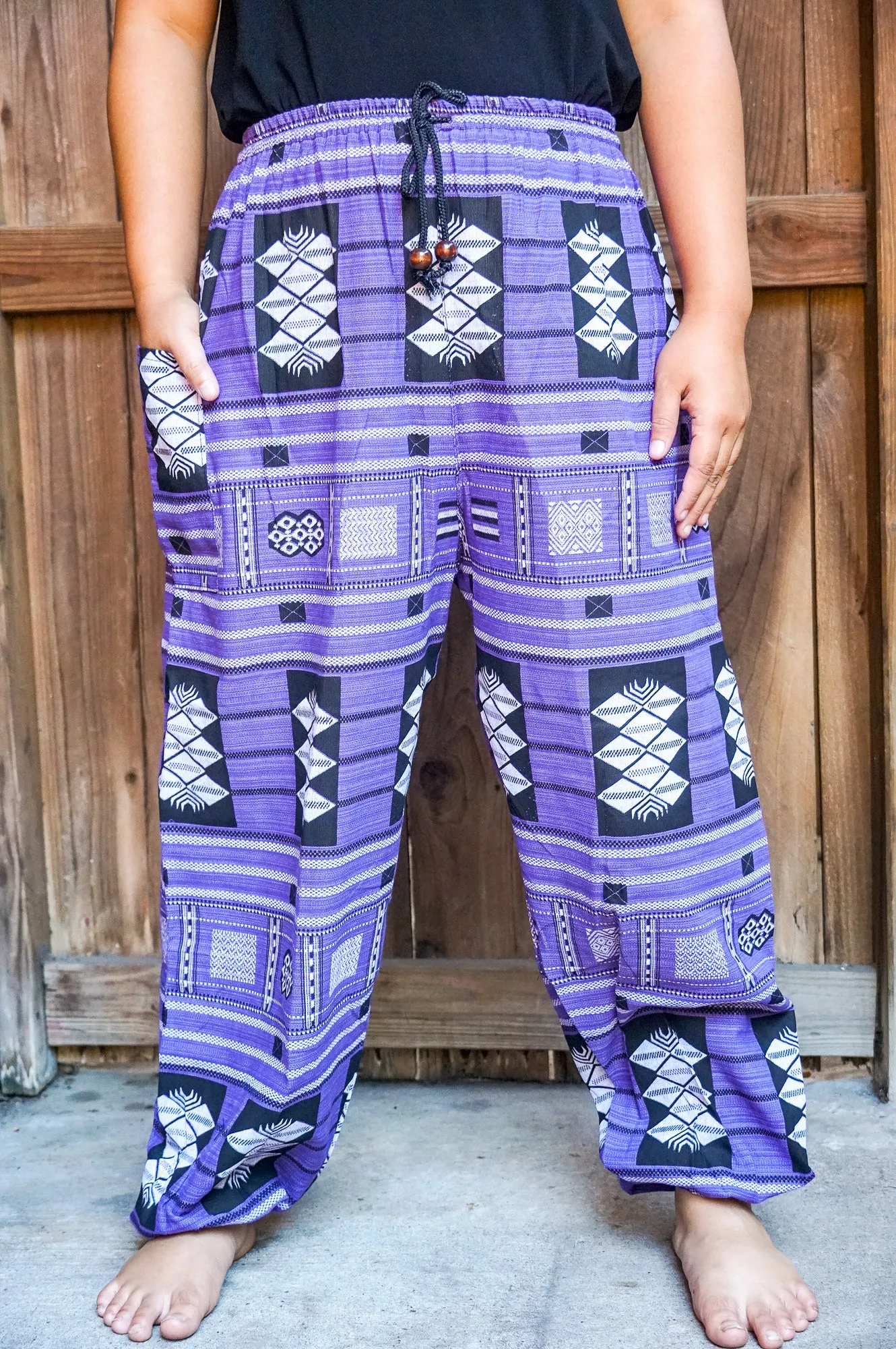 Bohemian Tribal Drawstring Slubbed Harem Pants- Purple Multi