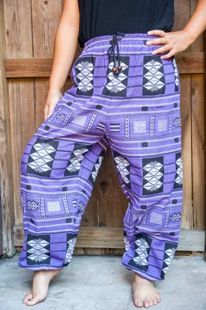 Bohemian Tribal Drawstring Slubbed Harem Pants- Purple Multi