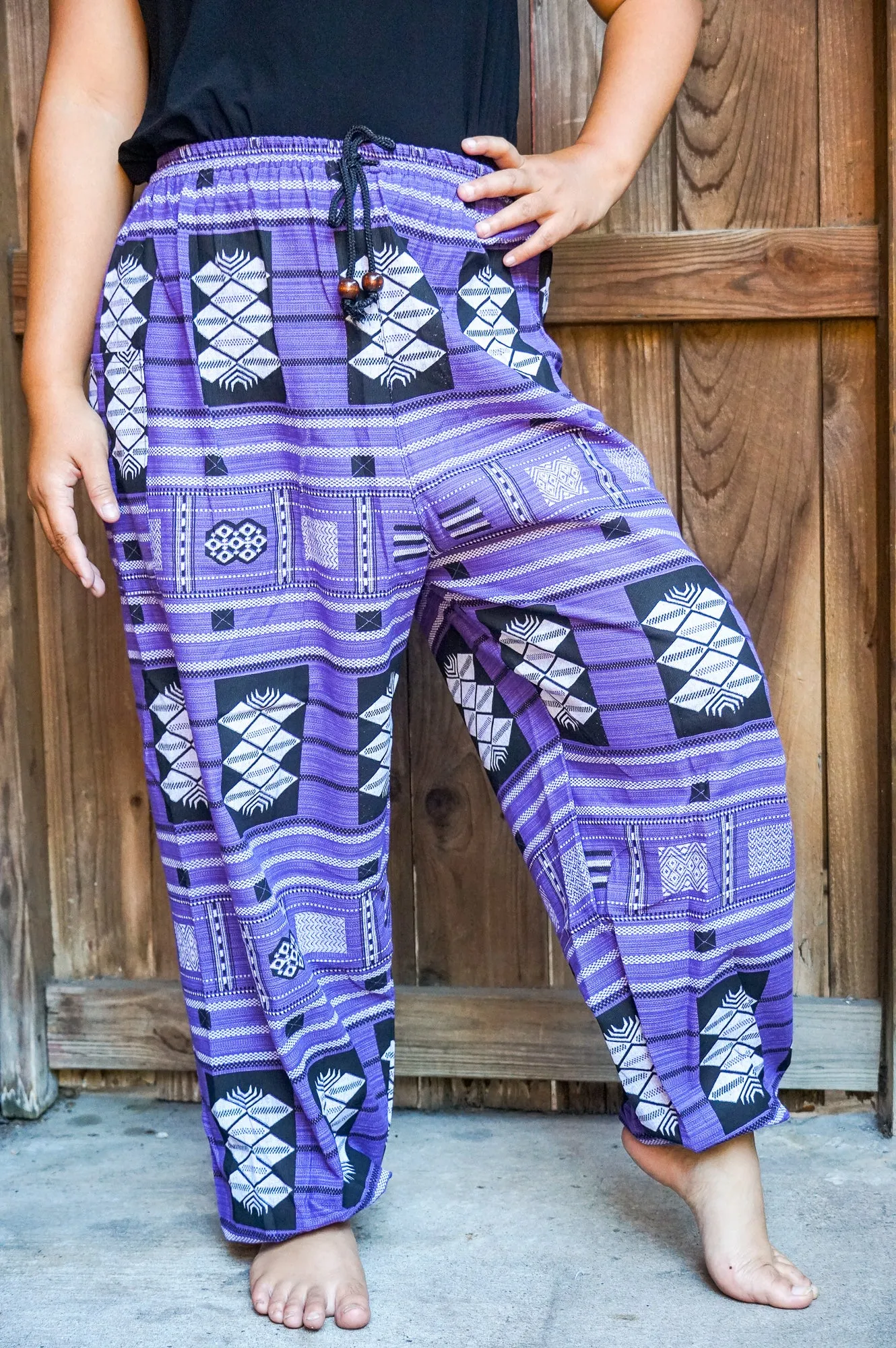 Bohemian Tribal Drawstring Slubbed Harem Pants- Purple Multi