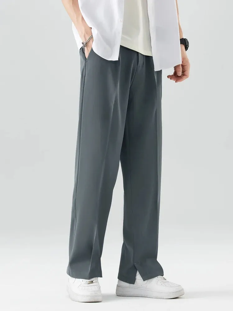 Breathable Polyester Casual Pants for Men: Korean Fashion Semi-Wide Banded Waist Slacks