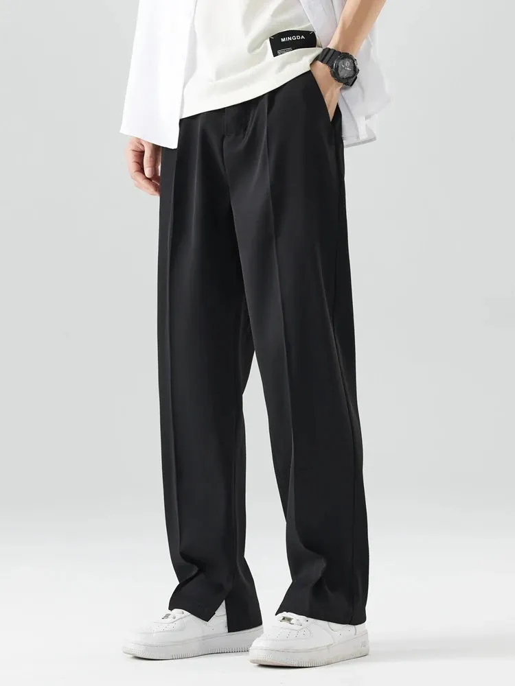 Breathable Polyester Casual Pants for Men: Korean Fashion Semi-Wide Banded Waist Slacks