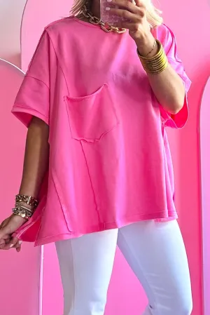 Bright Pink Patched Pocket Exposed Seam Oversize T-shirt