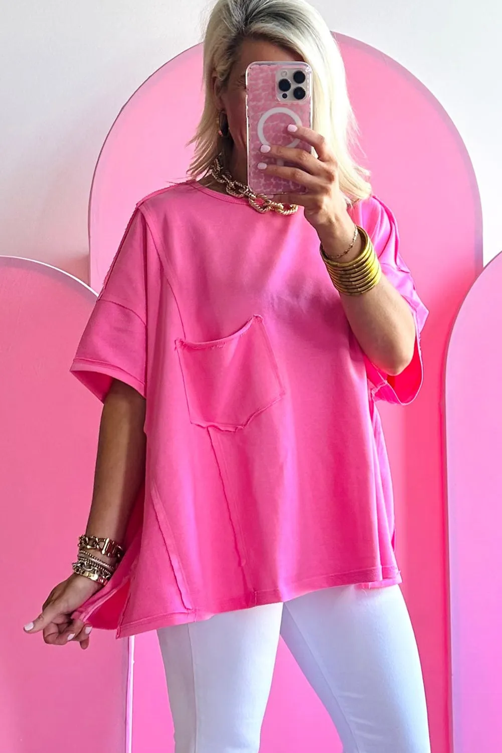 Bright Pink Patched Pocket Exposed Seam Oversize T-shirt