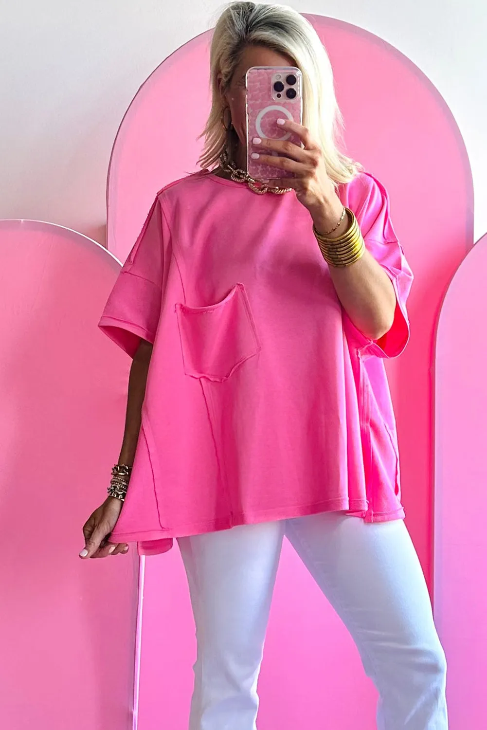 Bright Pink Patched Pocket Exposed Seam Oversize T-shirt
