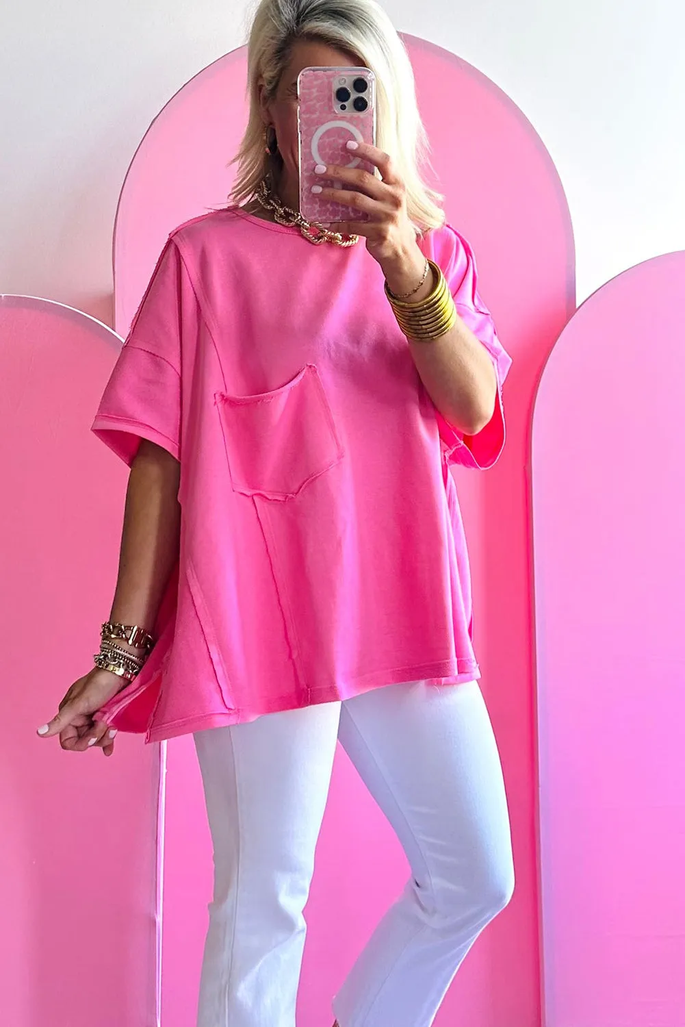 Bright Pink Patched Pocket Exposed Seam Oversize T-shirt