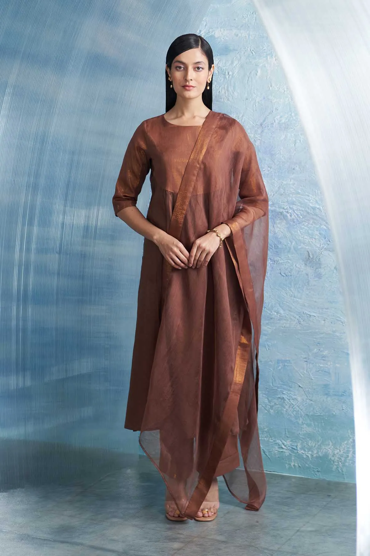 Brown Round Neck Long Kurta Set