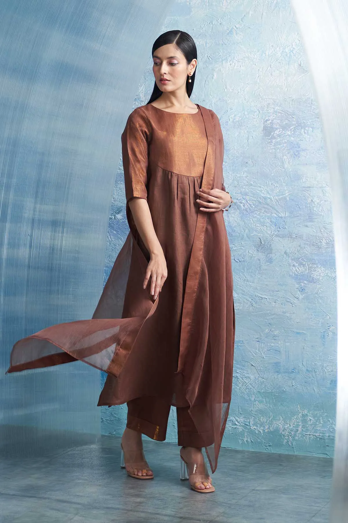 Brown Round Neck Long Kurta Set