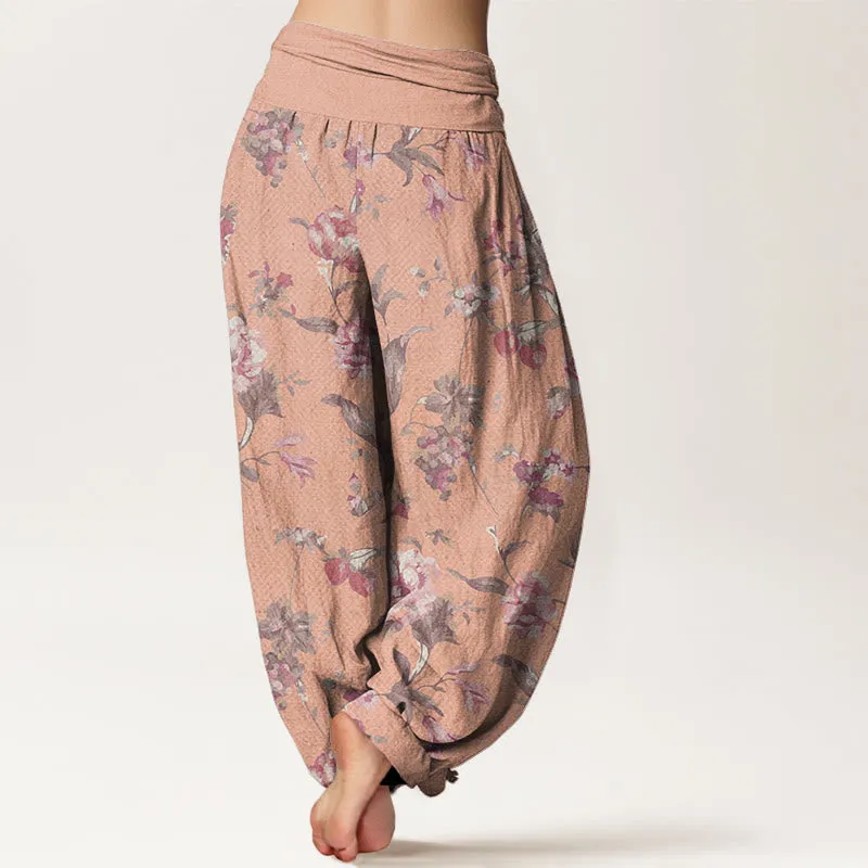Buddha Stones Casual Pink Flowers Pattern Women's Elastic Waist Harem Pants