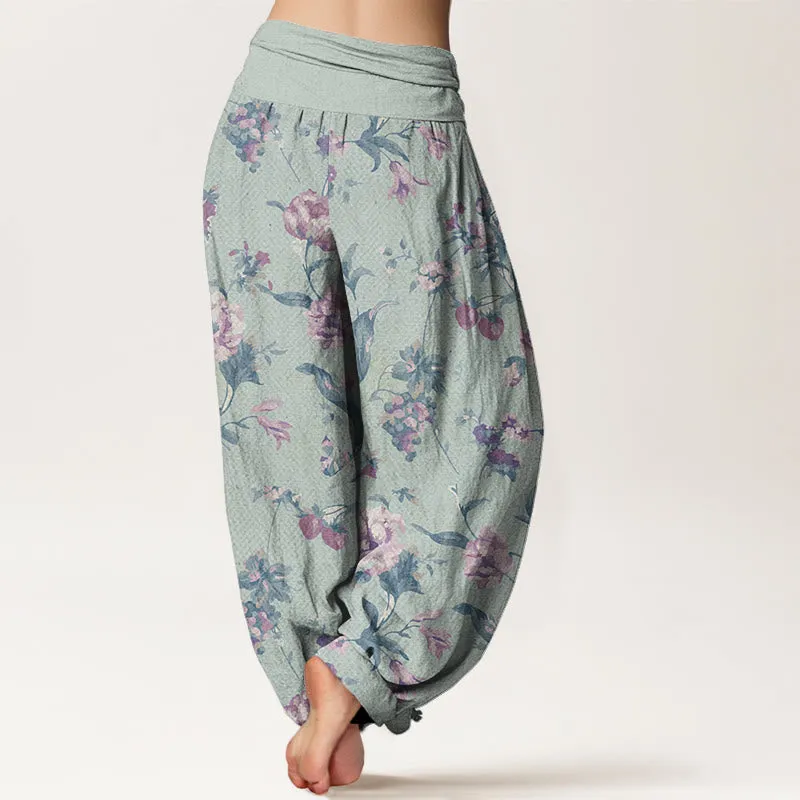 Buddha Stones Casual Pink Flowers Pattern Women's Elastic Waist Harem Pants