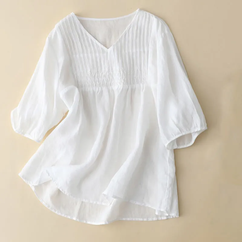 Buddha Stones Casual Plain Loose Women's V-Neck Design Half Sleeve Cotton Linen Shirt
