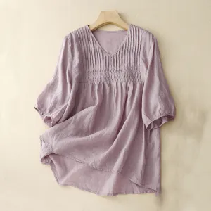 Buddha Stones Casual Plain Loose Women's V-Neck Design Half Sleeve Cotton Linen Shirt