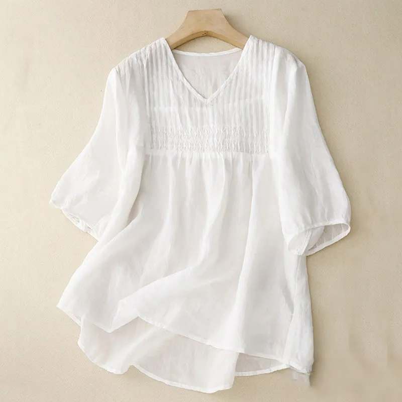 Buddha Stones Casual Plain Loose Women's V-Neck Design Half Sleeve Cotton Linen Shirt