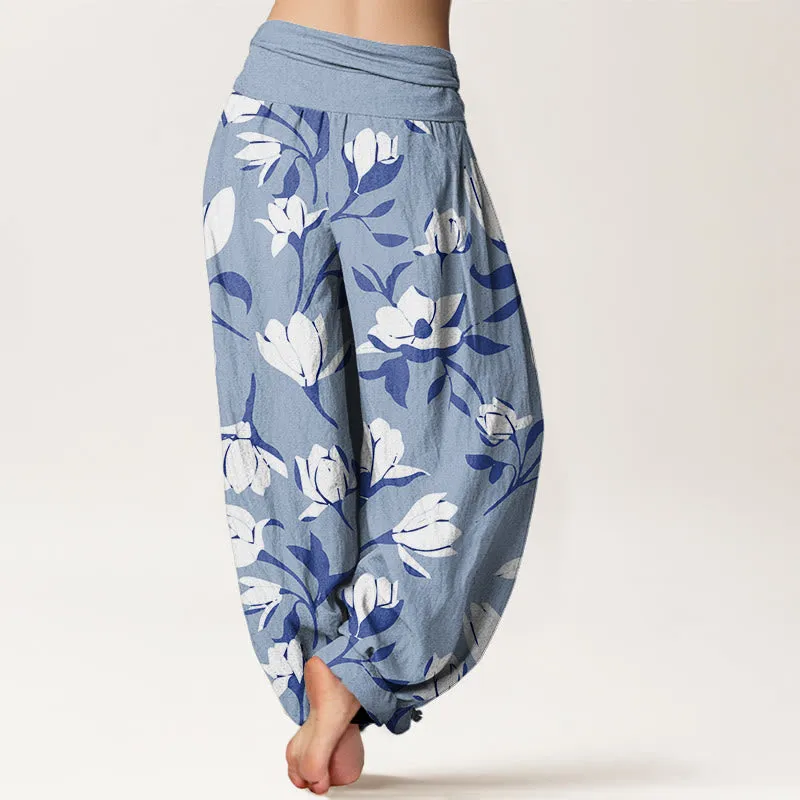 Buddha Stones Retro Magnolia Flowers Women's Elastic Waist Harem Pants